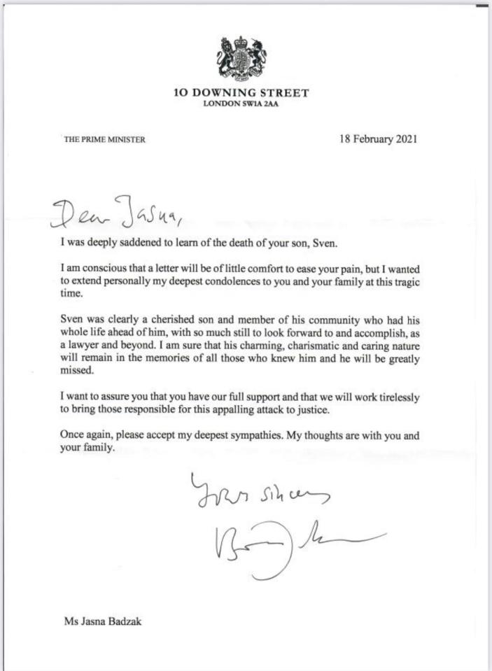 Boris Johnson wrote a letter saying those responsible for the attack would be brought to justice