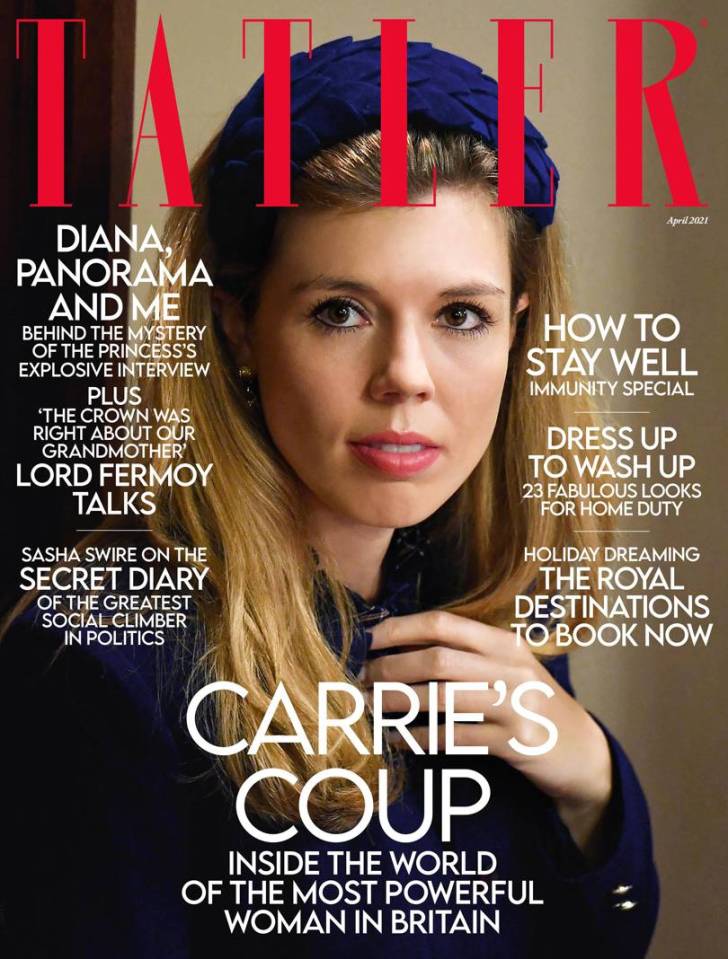 Carrie Symonds on the cover of the April issue of Tatler magazine