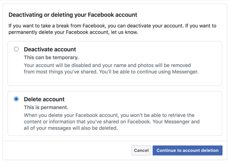 Deleting your Facebook account is permanent