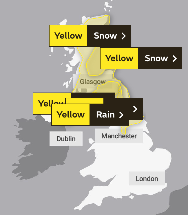 There are five weather warnings for snow and rain in place on Thursday 