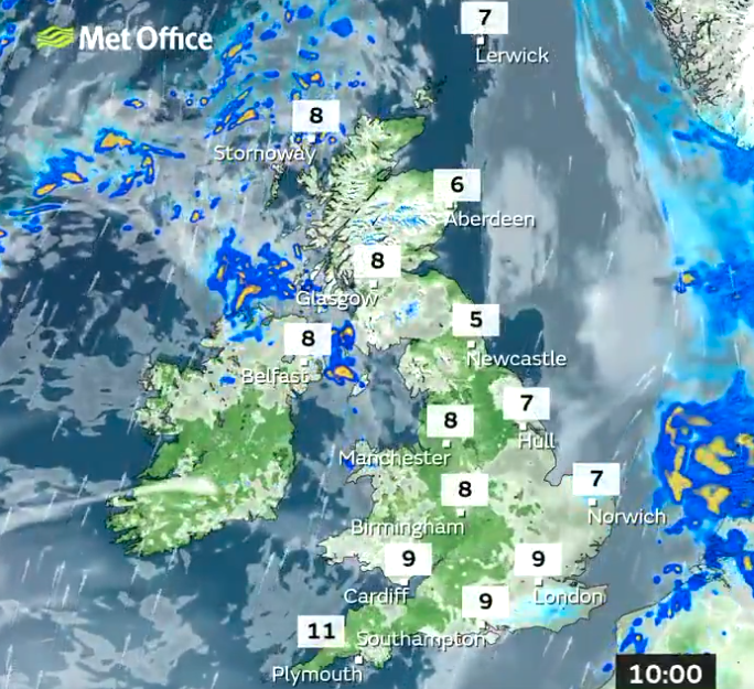 Monday's temperatures are ranging from 5C to 11C by 10am