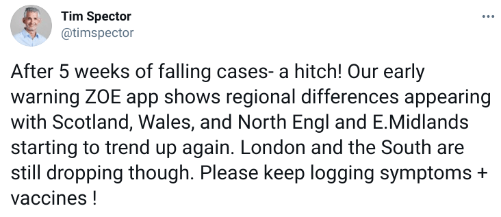 Professor Tim Spector, a KCL epidemiologist and study lead, called the findings a "hitch"