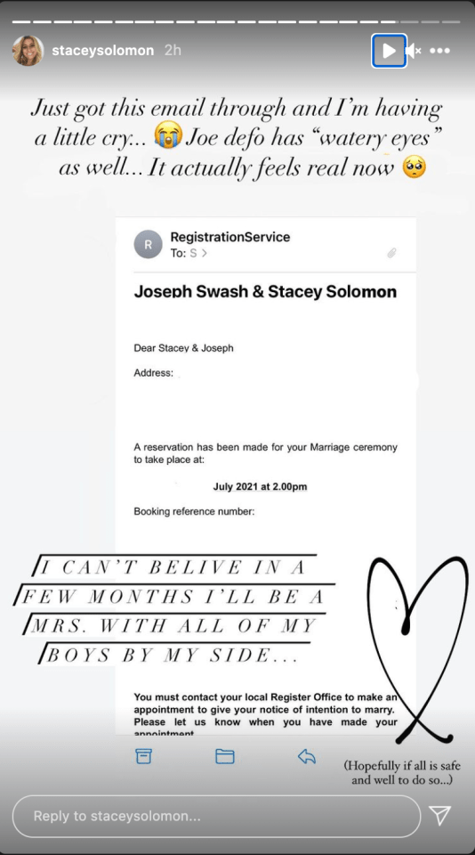 Stacey revealed her wedding confirmation