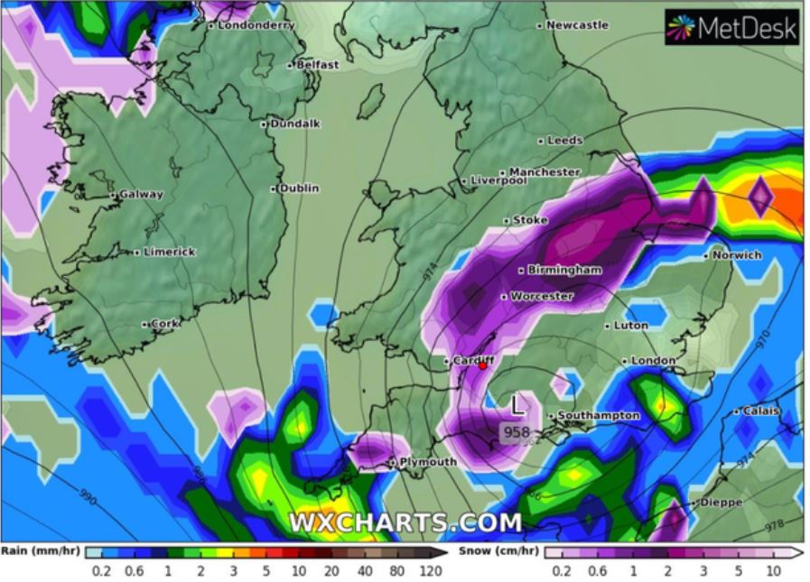 WX Charts shows a band of snow could stretch across parts of England in March