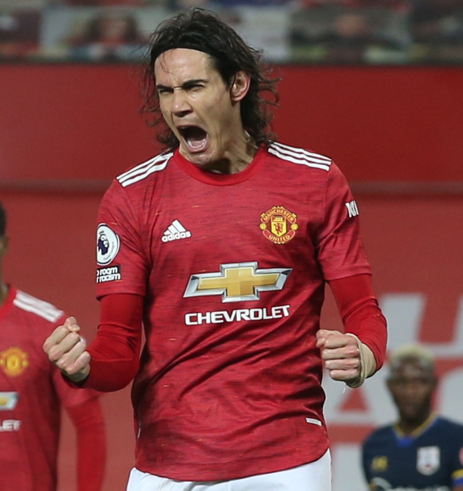 Man Utd striker Edinson Cavani roars his approval after his goal