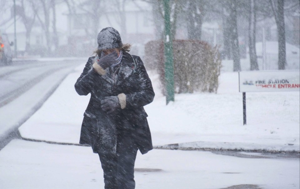 A woman walks through heavy snow this morning in Leadgate, County Durham