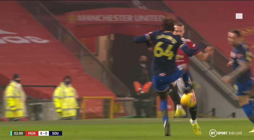 Alexandre Jankewitz saw red just 90 seconds into his full Southampton debut for this raking challenge on Man Utd midfielder Scott McTominay