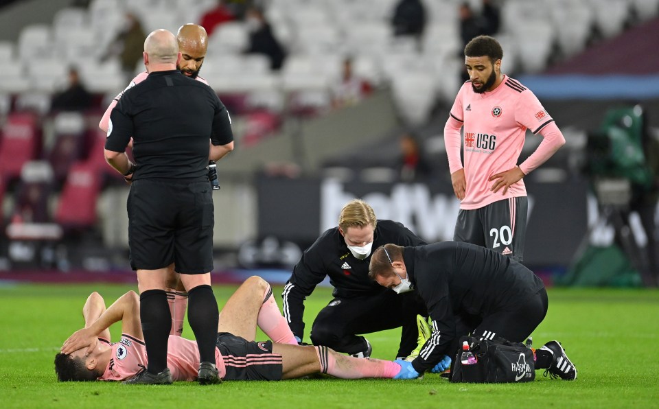 John Egan suffered a painful injury late on in the Sheffield United defeat