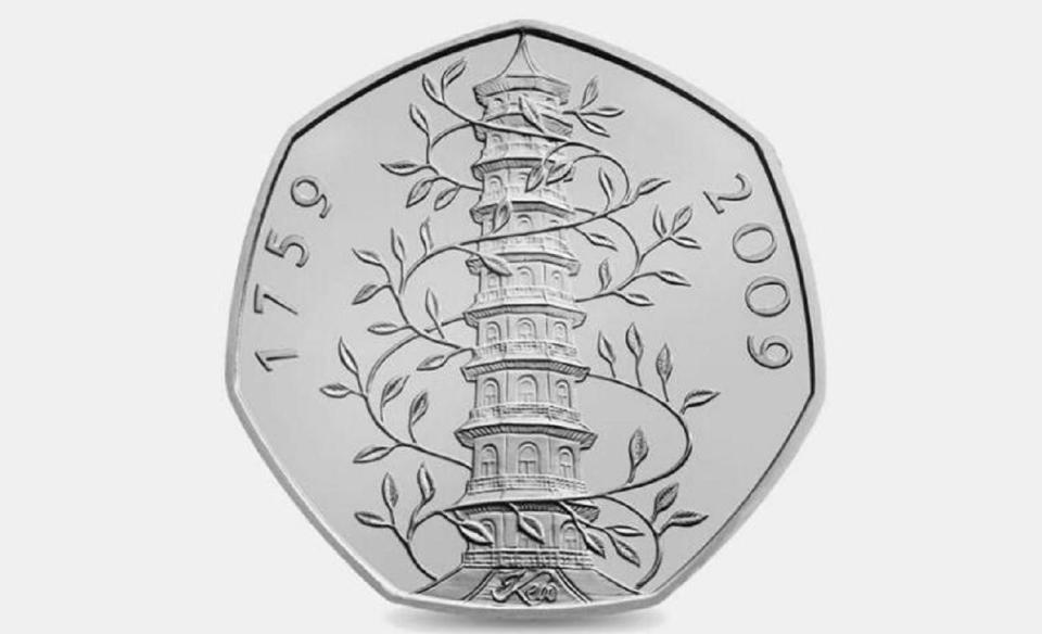 The Kew Garden coin shows the Chinese Pagoda with a decorative leafy climber around the tower