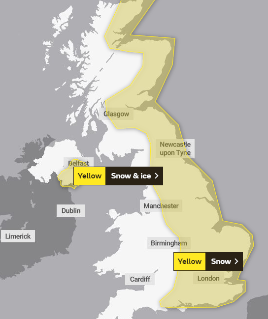 Snow and ice warnings are in place across the UK