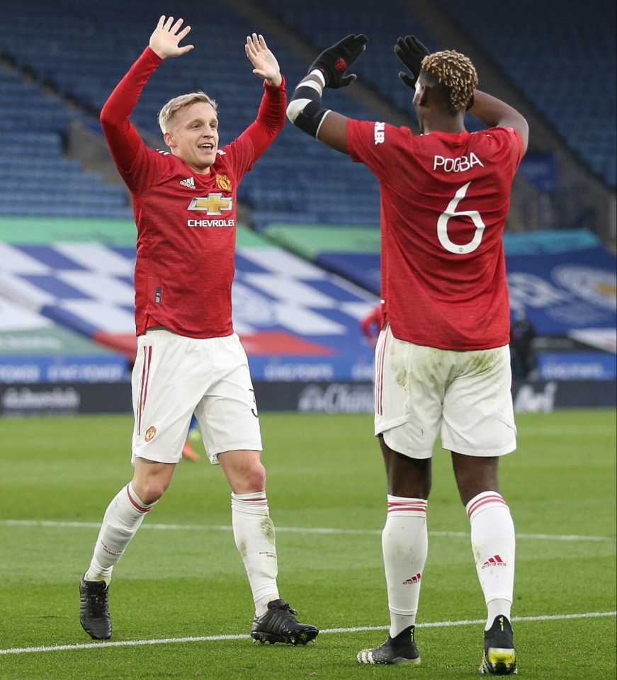 Midfielders Donny Van de Beek and Paul Pogba celebrate after their instinctive brilliance proved Mason Greenwood with the Man Utd equaliser