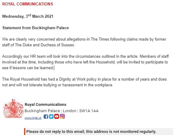 The Palace statement confirming an investigation will take place