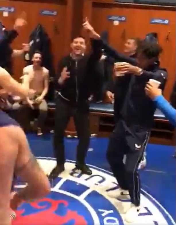 Rangers boss Steven Gerrard dances in the dressing room at Ibrox