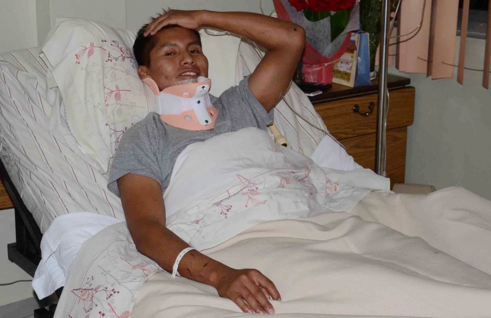 Erwin Tumiri in bed in hospital after the Colombian plane crash in 2016