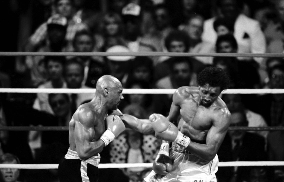 Hagler, pictured (left) in 'The War' against Thomas Hearns, was the undisputed middleweight world champion from 1980 to 1987