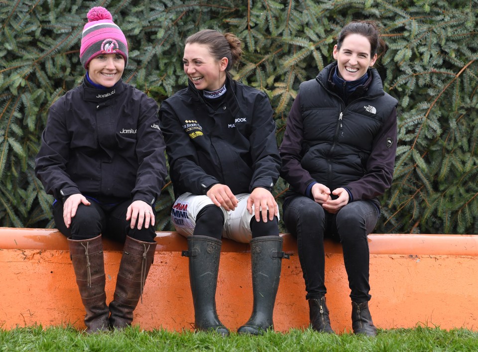 Blackmore sits alongside fellow female jockeys Bryony Frost, centre, and Katie Walsh