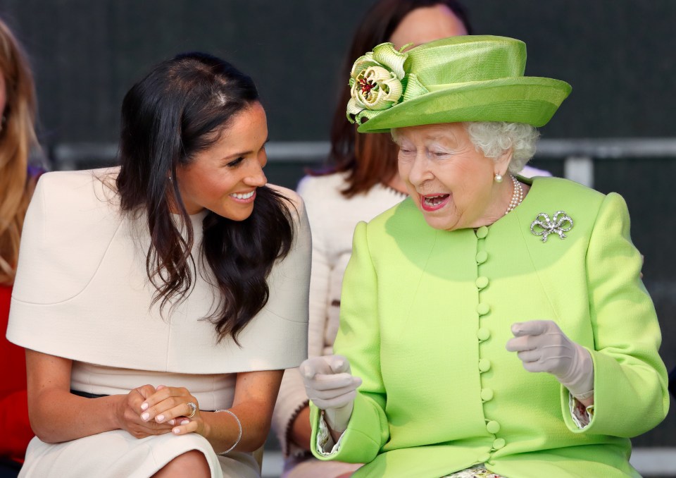 Meghan pictured on her Cheshire engagement with the Queen before her royal wedding