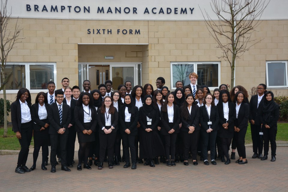 Students from Brampton Manor Academy's sixth form celebrate being offered places at Oxford and Cambridge universities