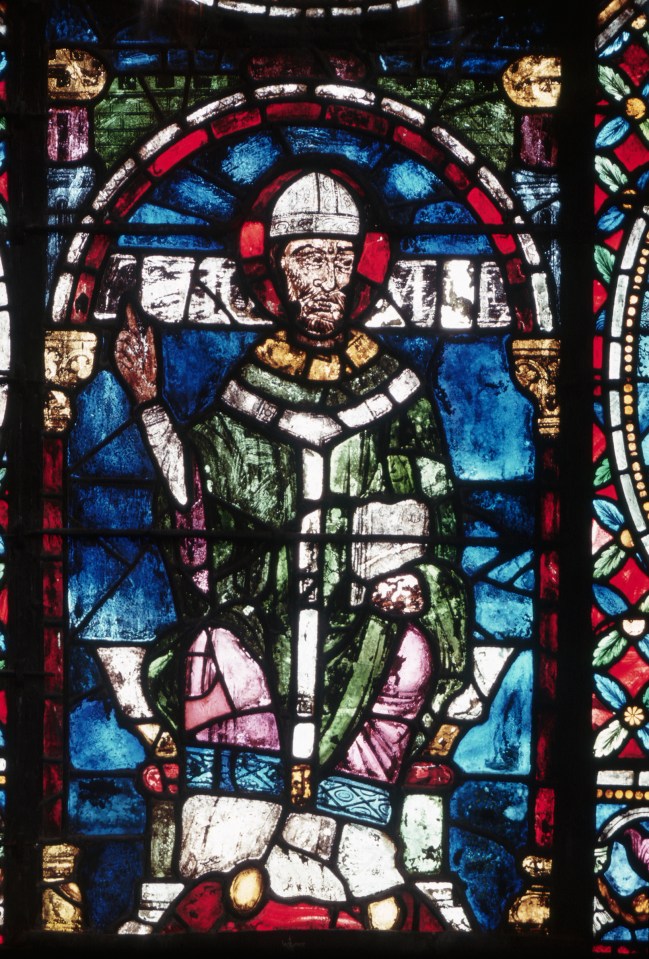 A 13th century stained glass panel in Canterbury Cathedral depicts Thomas Becket, who was made a saint in 1173