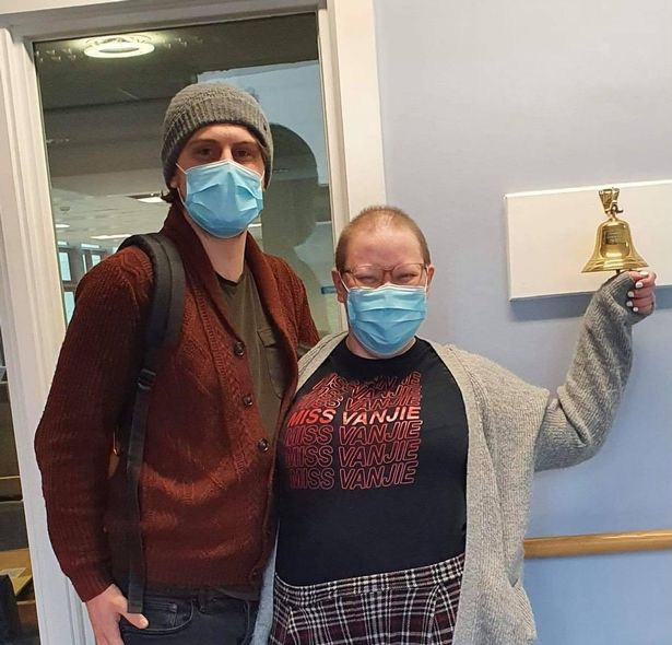 Evie, pictured with Tom, had chemo every other Monday for six months, starting in April. She is pictured when her treatment ended