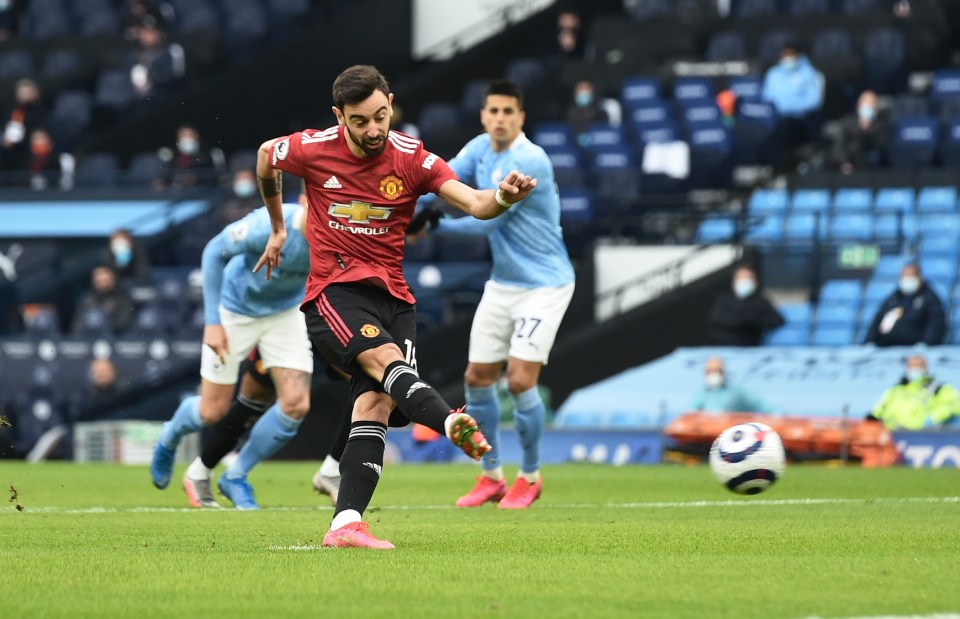 Bruno Fernandes fires Man Utd in front from the spot at the Etihad in just the second minute