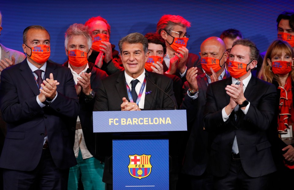 Joan Laporta celebrates his victory in the Barcelona elections