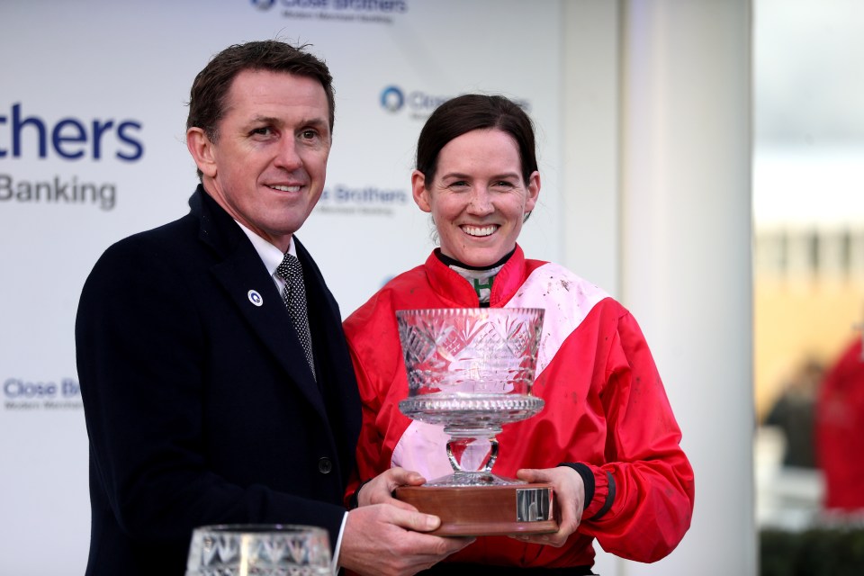 AP McCoy presents Blackmore winning the Close Brothers Novices' Handicap Chase on A Plus Tard at Cheltenham in 2019