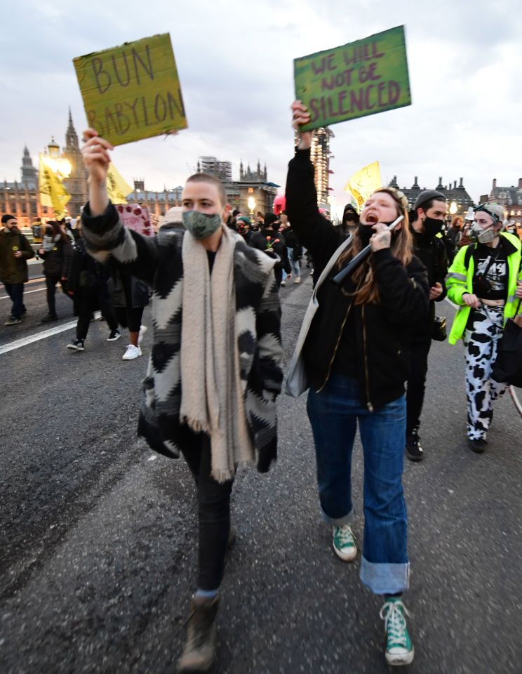 Demonstrators during a Reclaim the Streets protest on Westminster Bridge yesterday