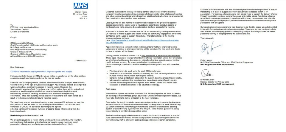 The letter issued by NHS England revealing the vaccine shortage