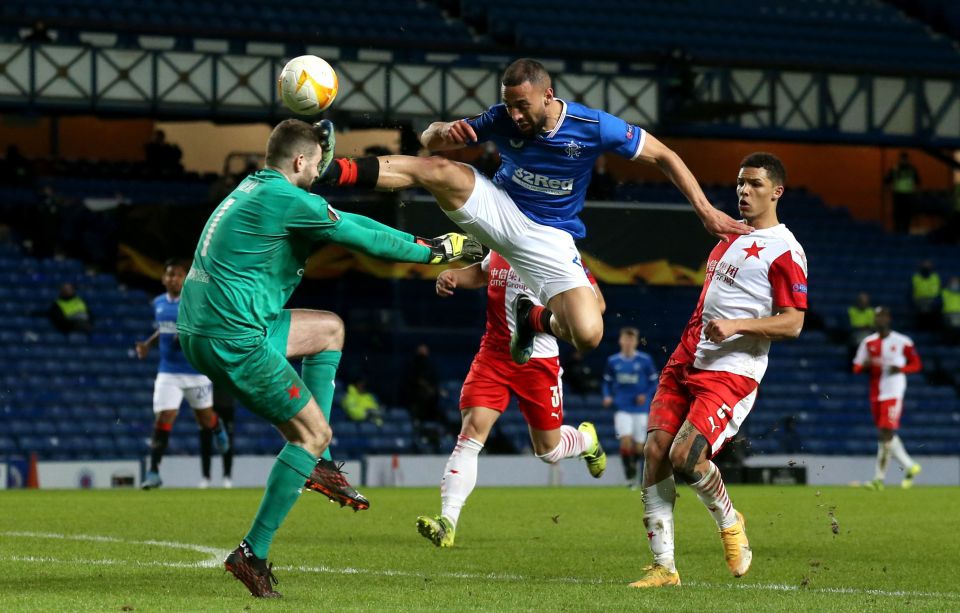 Kemar Roofe was sent off after kicking Slavia Prague keeper Ondrej Kolar in the face