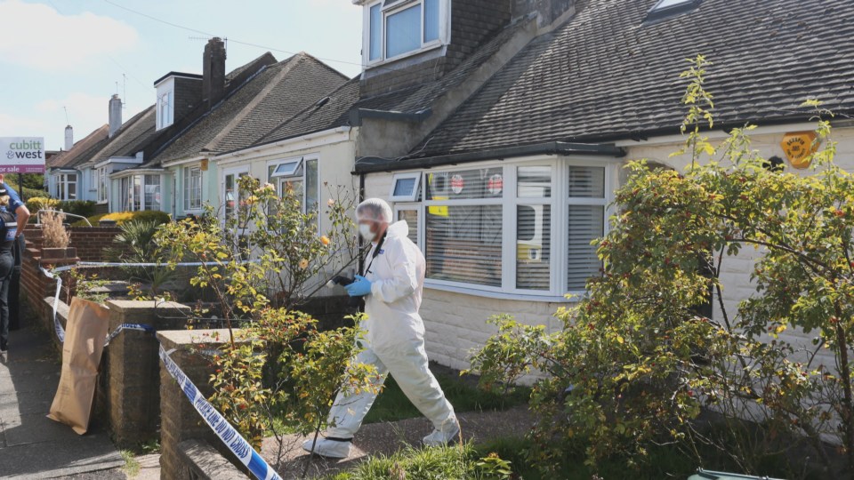 Police at the Brighton bungalow after the murder