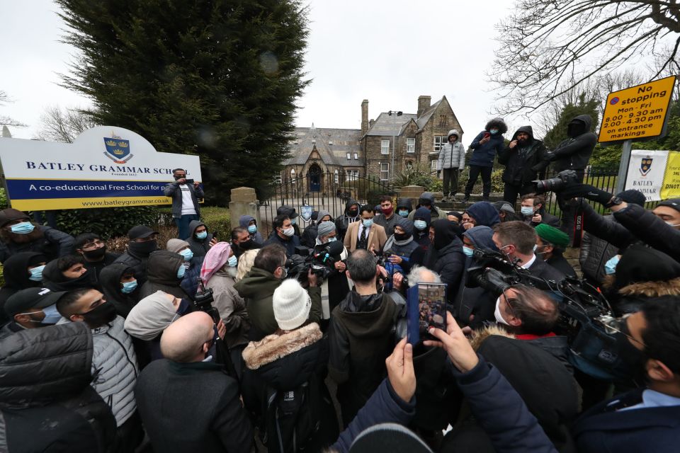 Protesters outside Batley Primary School following a similar incident over a month ago