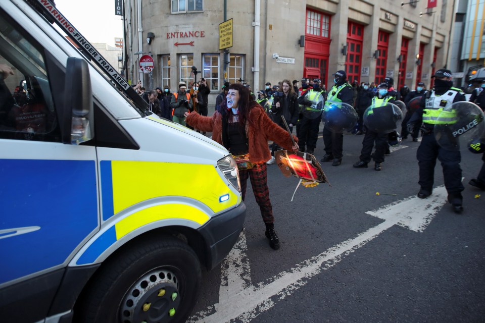 One protesters shouted at police as people gathered in Bristol