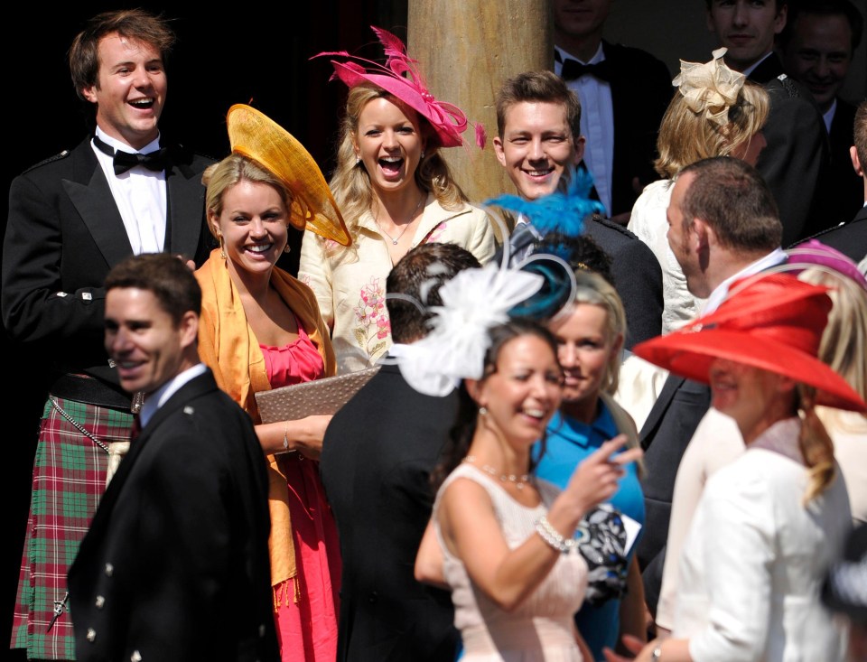 A snap of guests leaving Zara’s 2011 wedding ceremony with rugby star Mike Tindall captured a laughing Lindsay in a cream top and pink hat