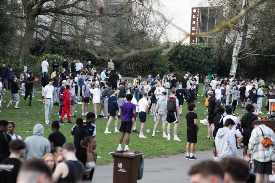 Groups of more than six - or two households - were spotted in the park in Nottingham on Monday