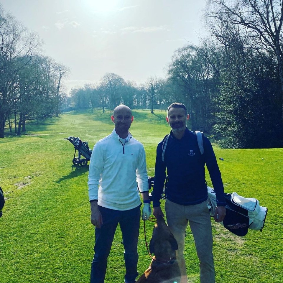 Ryan Giggs, who is on special leave as Wales manager, relaxes on a golf course while with Class of '92 team-mate Nicky Butt