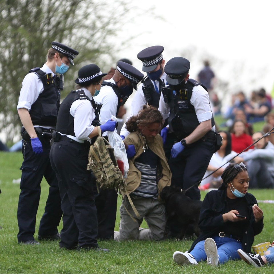 Cops swarmed Primrose Hill in London on Wednesday evening after two men were spotted urinating in a bush