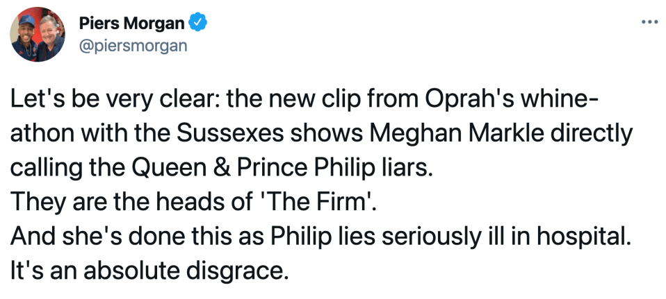 Piers criticised the timing of the comments as 'Philip lies seriously ill in hospital'