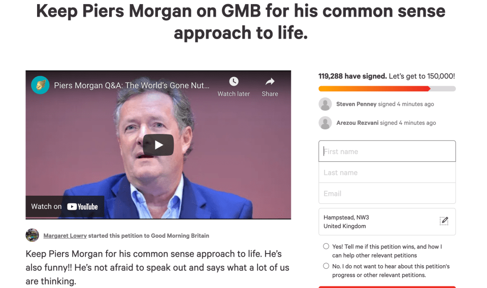 The petition to re-hire Piers as GMB host is gaining signatures by the second