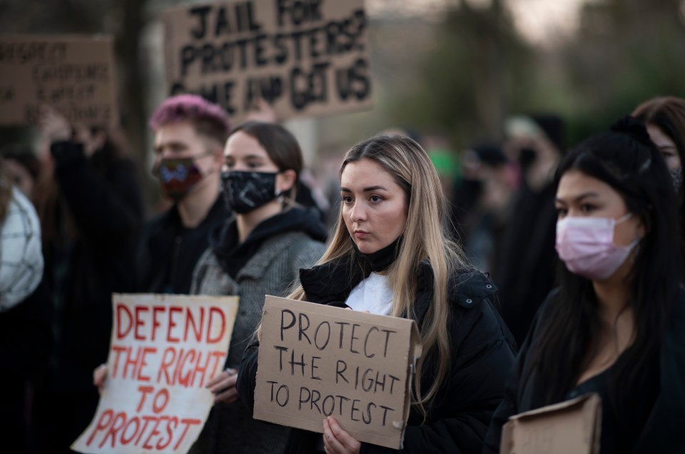 Women protest for the right to protest in Cardiff following clashes at the Sarah Everard vigil in Clapham last weekend