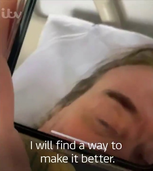 The star is shown talking to her husband in hospital over a video link