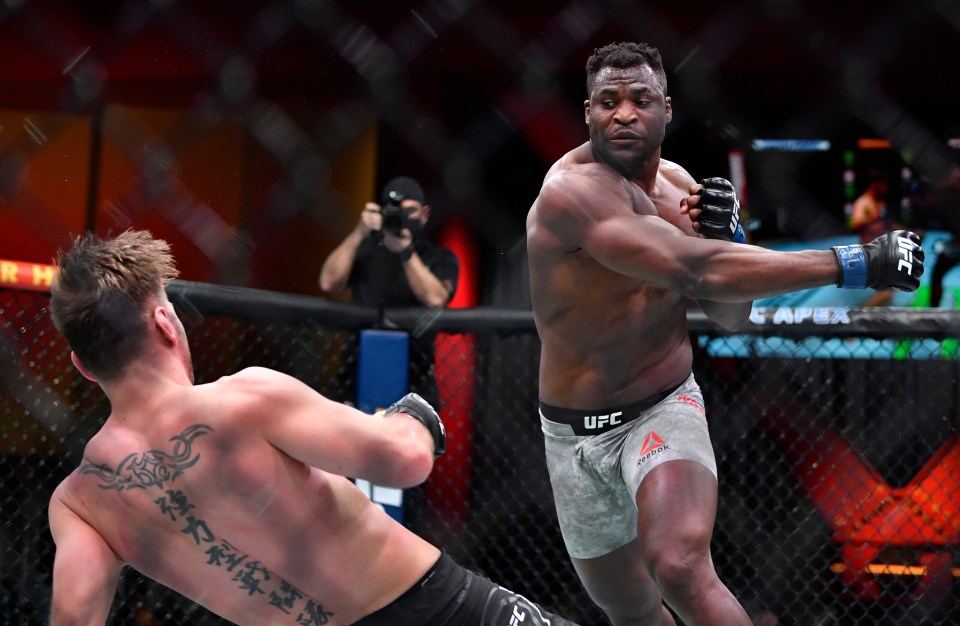 Francis Ngannou looks down on the fallen Stipe Miocic