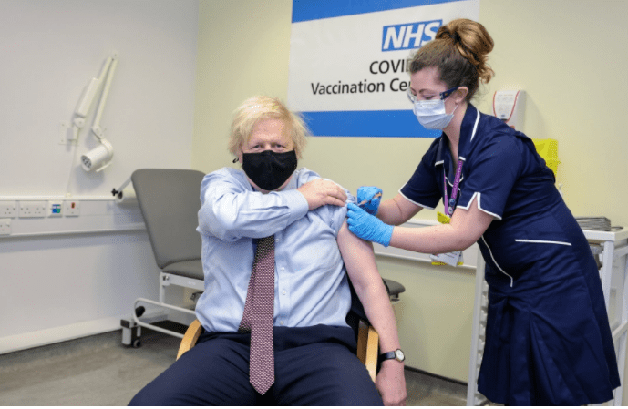 Boris Johnson is pictured receiving his first dose of the Astrazeneca jab at St. Thomas' Hospital