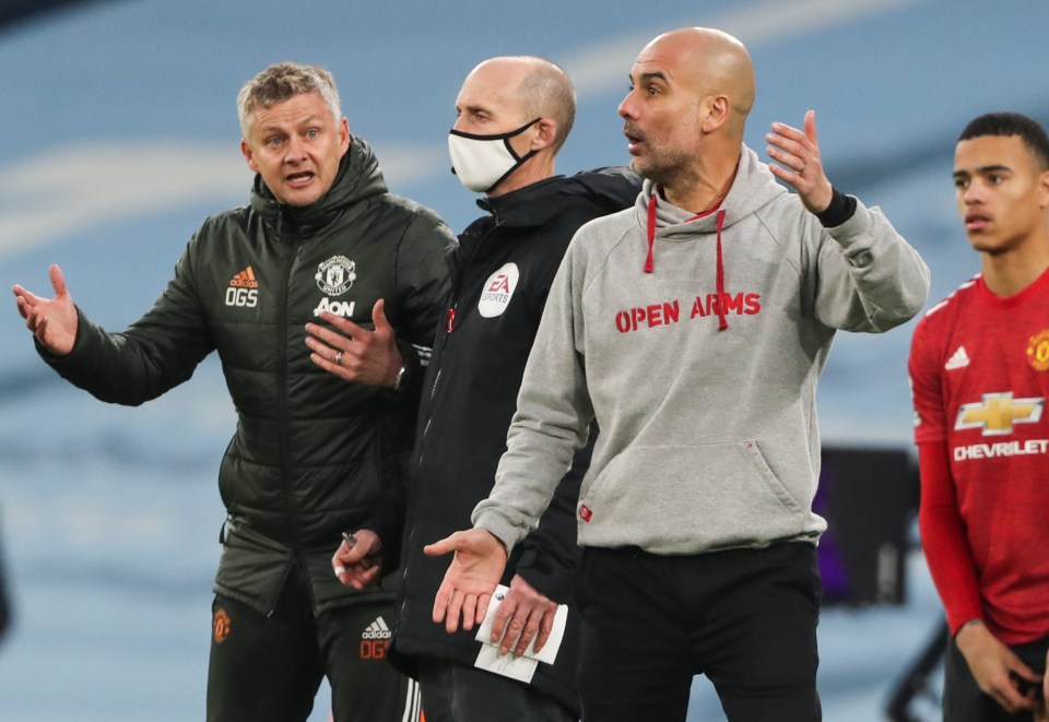 Man Utd boss Ole Gunnar Solskjaer and Etihad counterpart Pep Guardiola had their say on the touchline over Man City's controversial quick throw-in