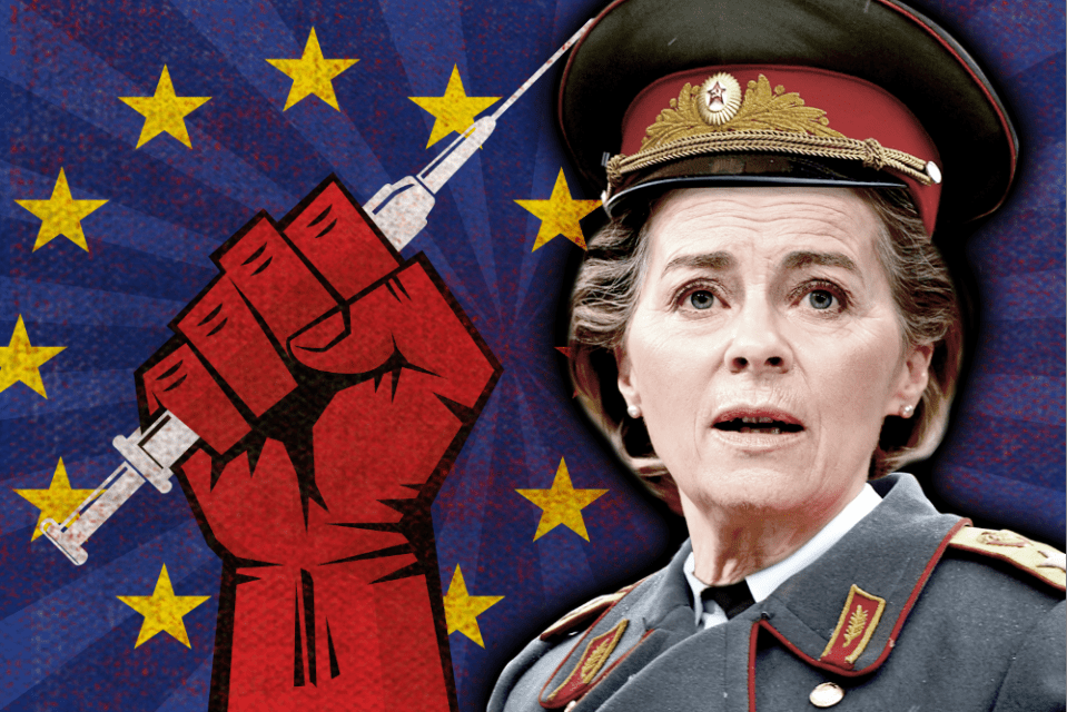 Critics blasted Ursula von der Leyen as 'Stalinist' after she threatened to seize vaccines from Britain - here she is mocked up as 'Uncle Joe'