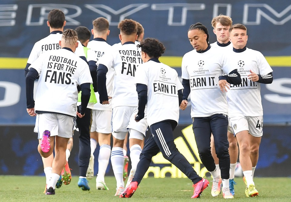 Leeds players wore shirts in protest at the European Super League plans for their warm-up