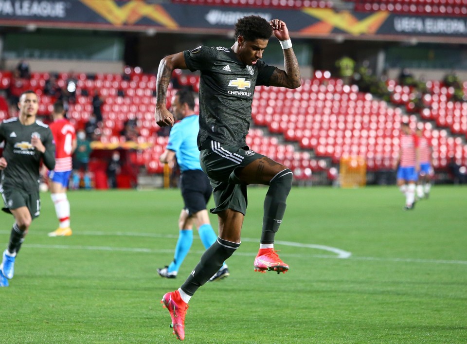 Marcus Rashford celebrated after giving his side a first-half lead and crucial away goal