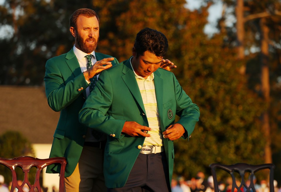 Hideki Matsuyama was presented with the green jacket by last year's champion Dustin Johnson