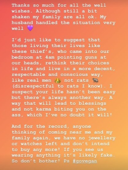 Sam posted about the attack on Instagram