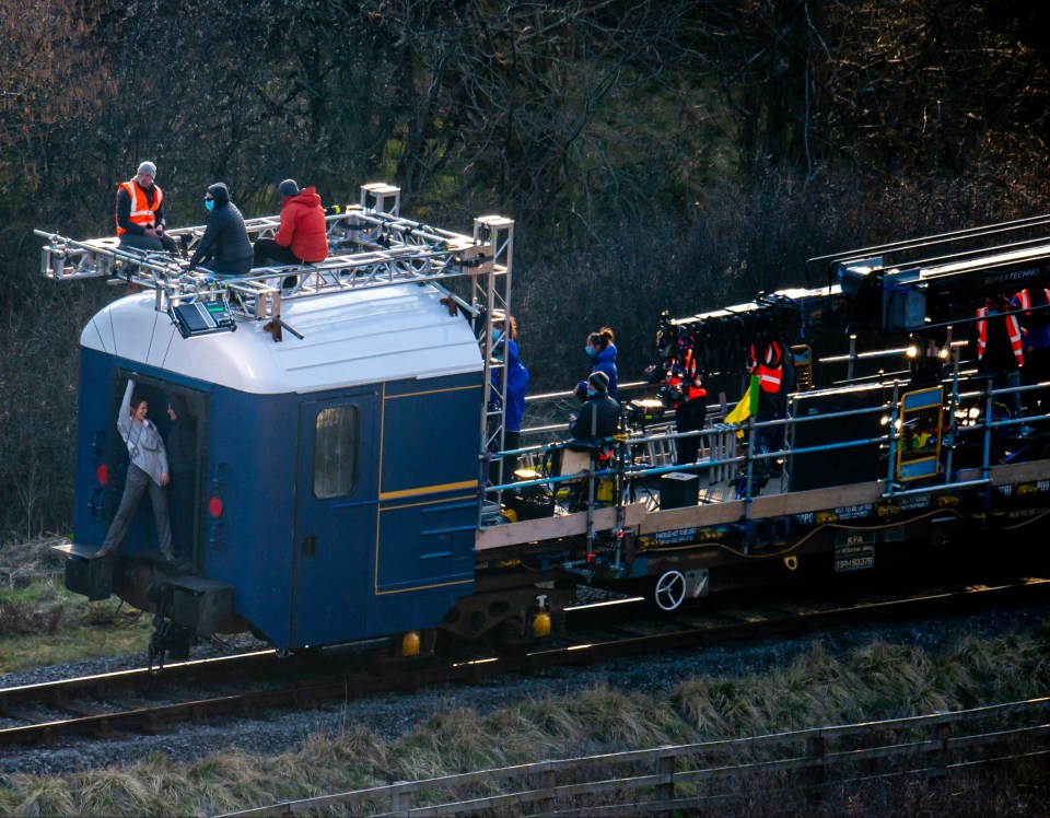 The pair were shooting a scene that saw them at the front of a speeding British rail service